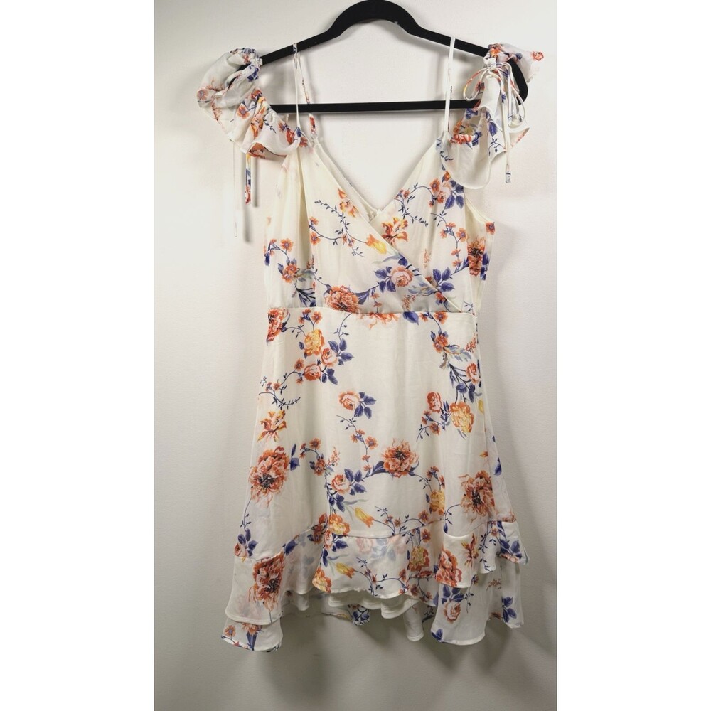 Lulus Floral Chiffon V-Neck A-Line Short Dress Bow Ruffle Lined - M